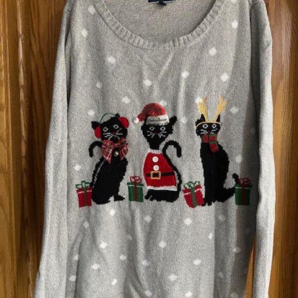Christmas Cats Holiday Sweater Karen Scott 3X Sparkly Embellished Top - Picture 2 of 10